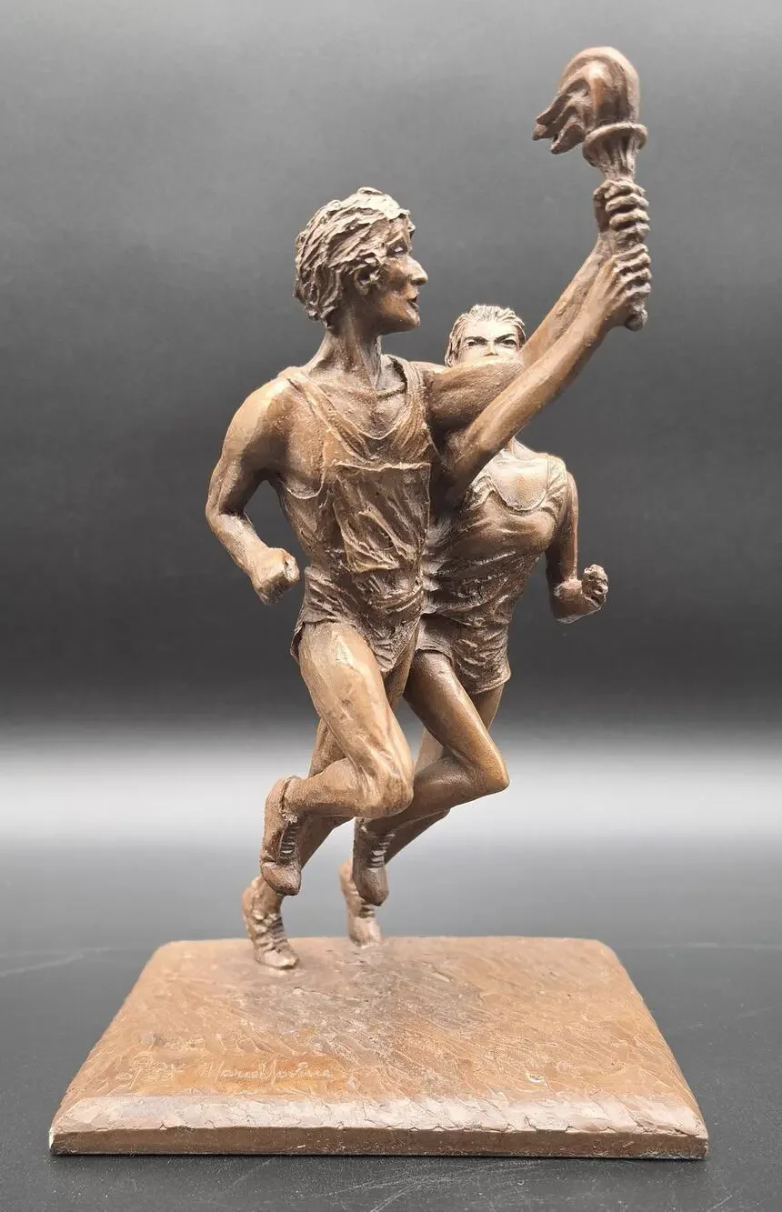 Vintage Bronze Olympic Runners Torch Sculpture 9.75